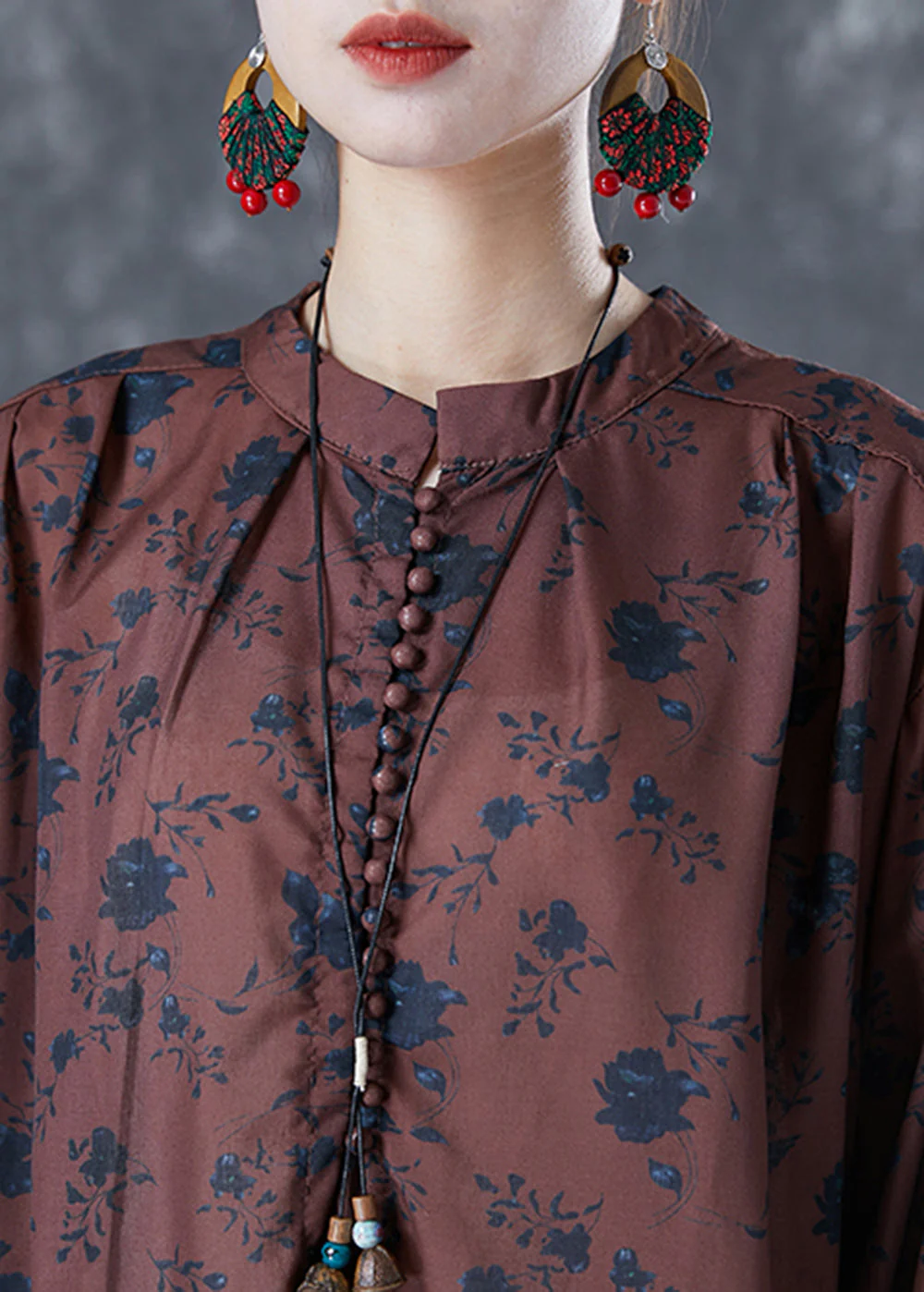 Bohemian Chocolate Oversized Print Linen Maxi Dresses Bracelet Sleeve - Image 5