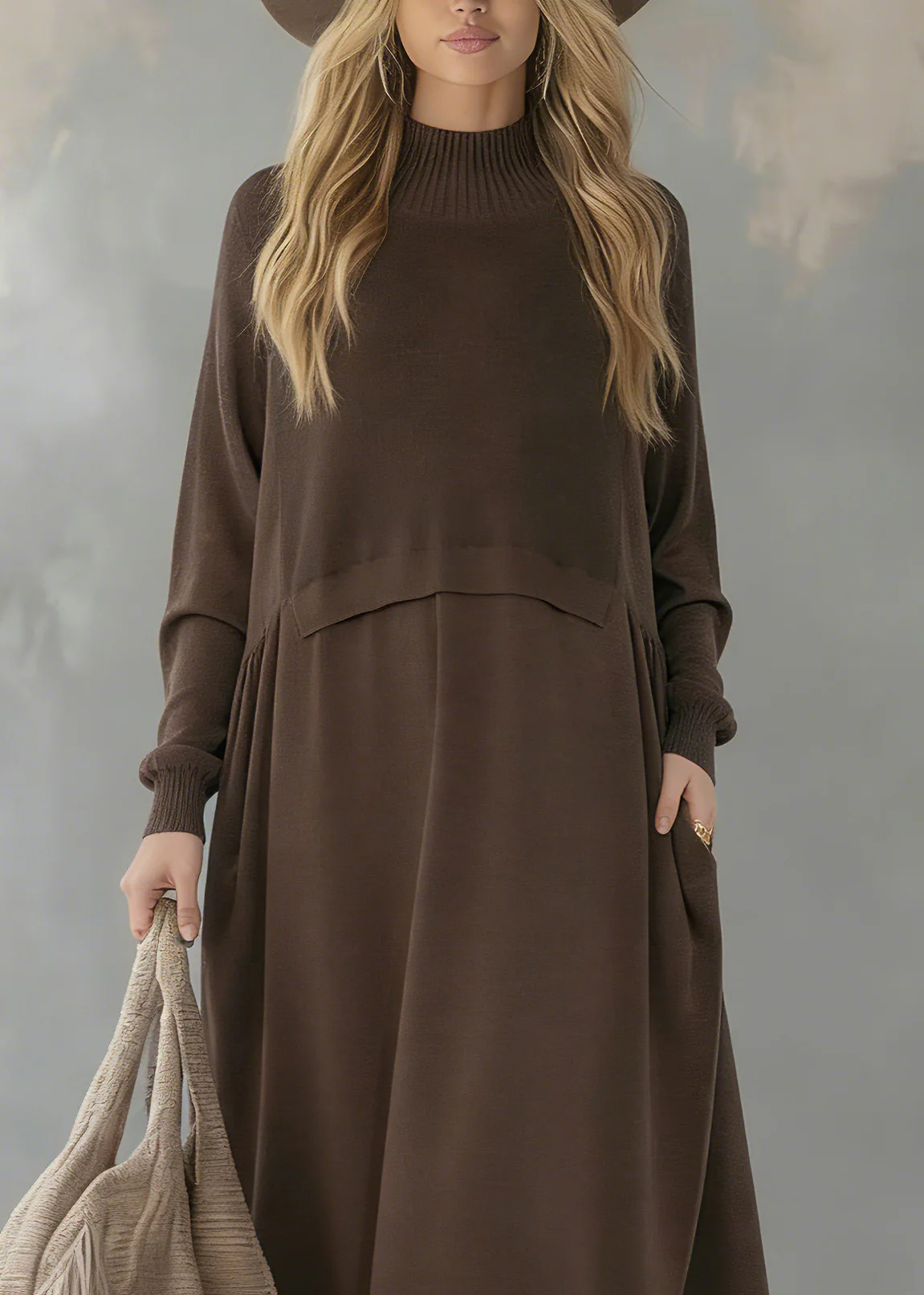 Bohemian Chocolate Turtle Neck Patchwork Solid Wool Knit Sweater Dress Long Sleeve - Image 2