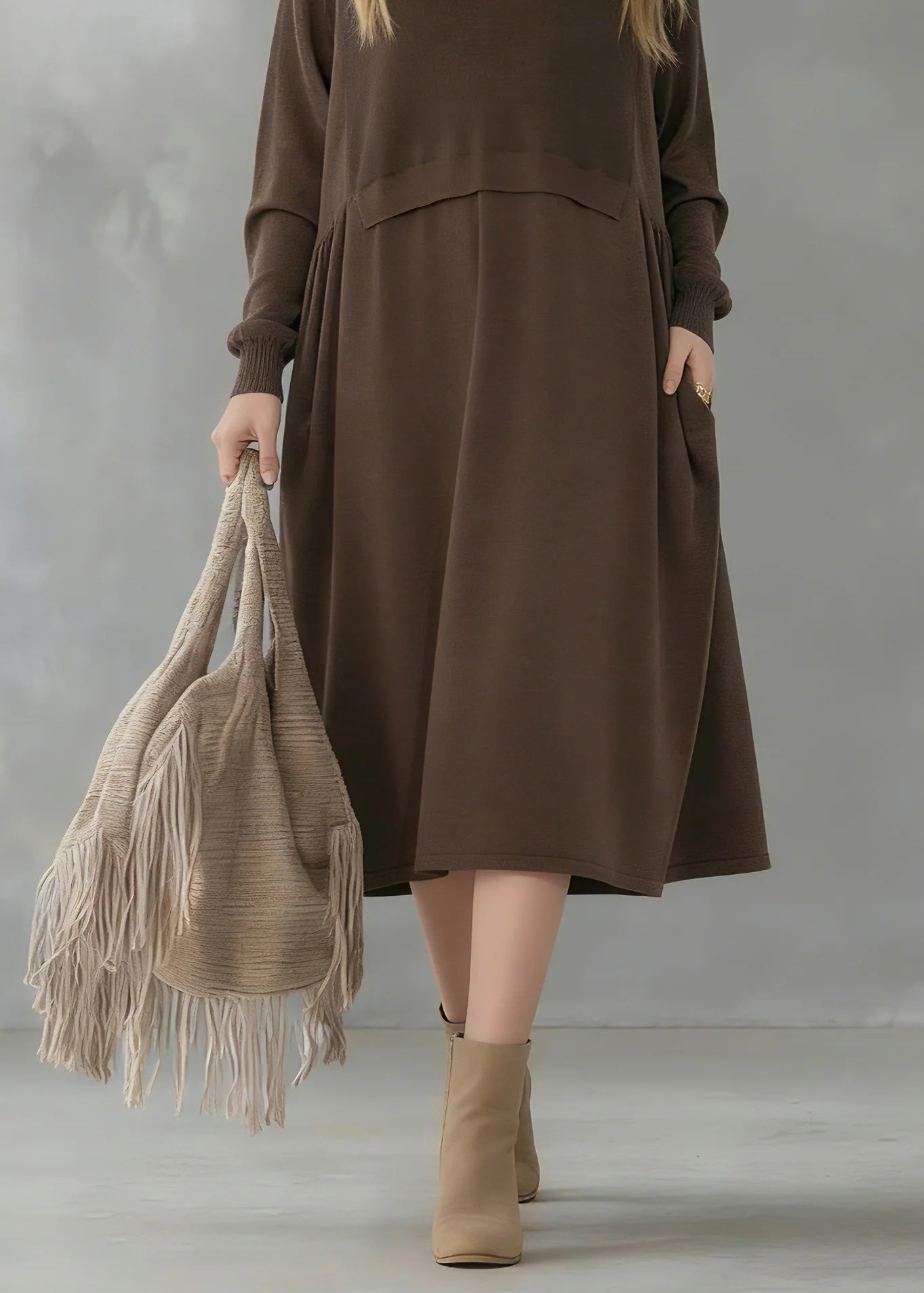 Bohemian Chocolate Turtle Neck Patchwork Solid Wool Knit Sweater Dress Long Sleeve - Image 4