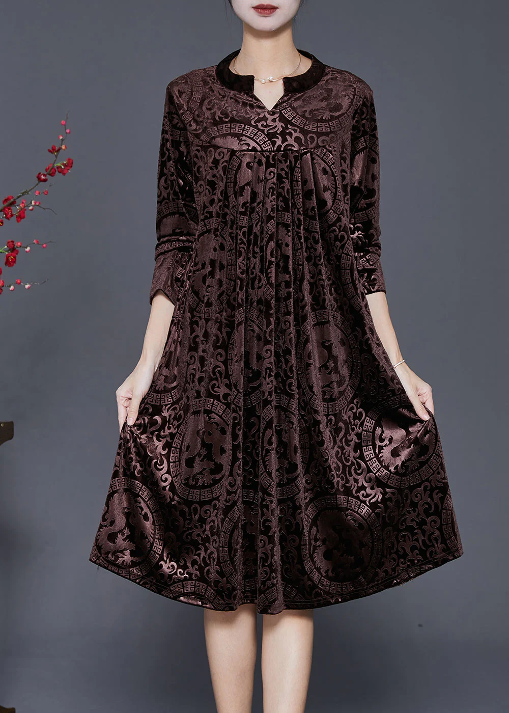 Bohemian Chocolate V Neck Print Silk Velour Maxi Dresses Fall - Image 2
