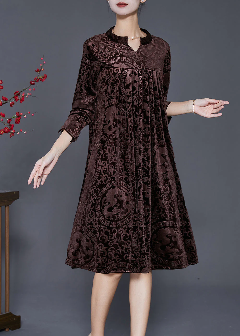 Bohemian Chocolate V Neck Print Silk Velour Maxi Dresses Fall - Image 3