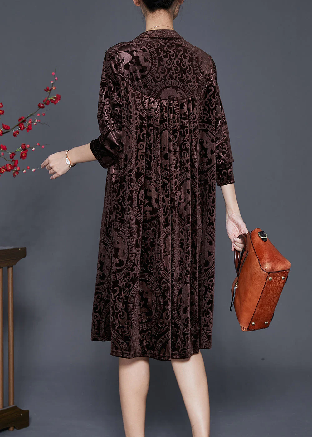 Bohemian Chocolate V Neck Print Silk Velour Maxi Dresses Fall - Image 4