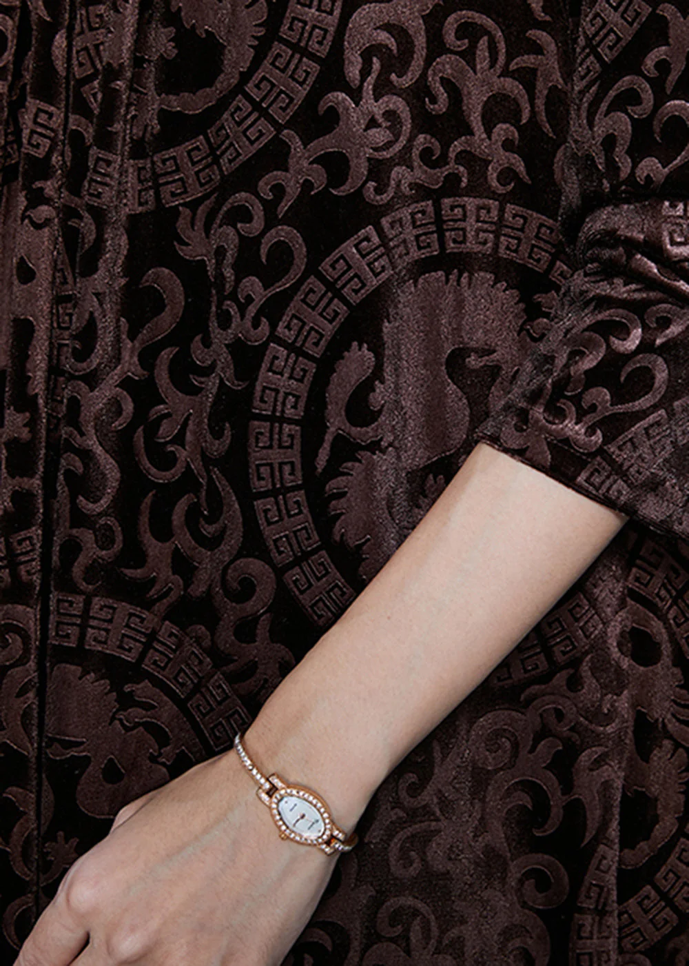 Bohemian Chocolate V Neck Print Silk Velour Maxi Dresses Fall - Image 5