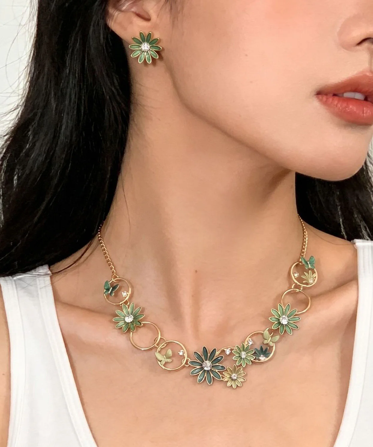 Bohemian Coffee Alloy Hollow Out Daisy Butterfly Pendant Necklace And Stud Earrings Two-Piece Set - Image 2