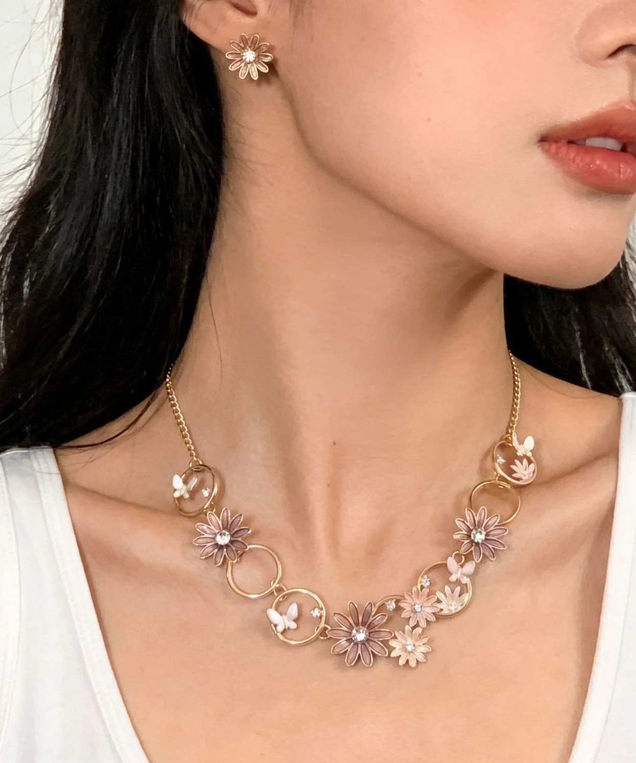 Bohemian Coffee Alloy Hollow Out Daisy Butterfly Pendant Necklace And Stud Earrings Two-Piece Set - Image 3