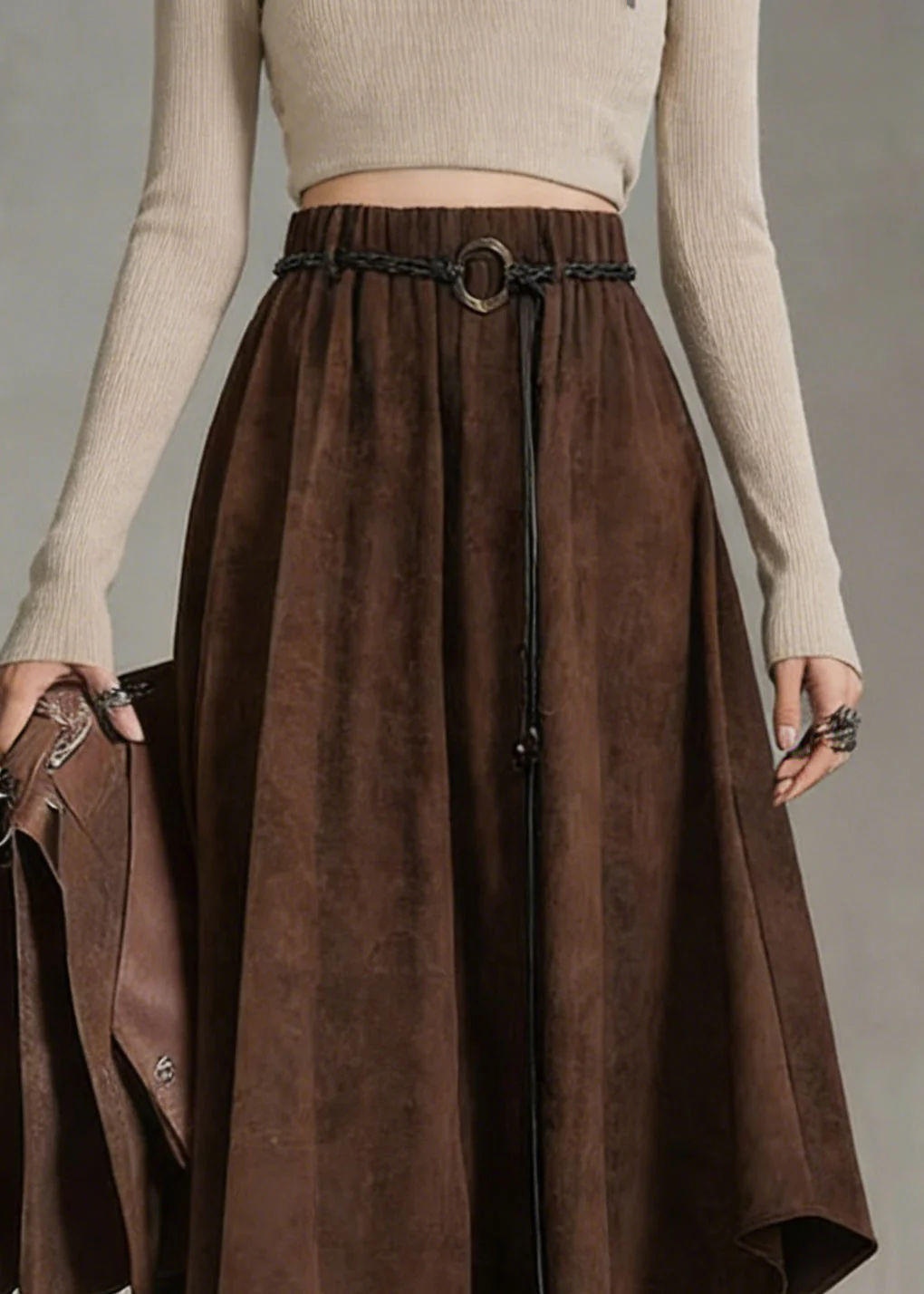 Bohemian Coffee Elastic Waist Sashe Faux Suede A Line Skirts - Image 2
