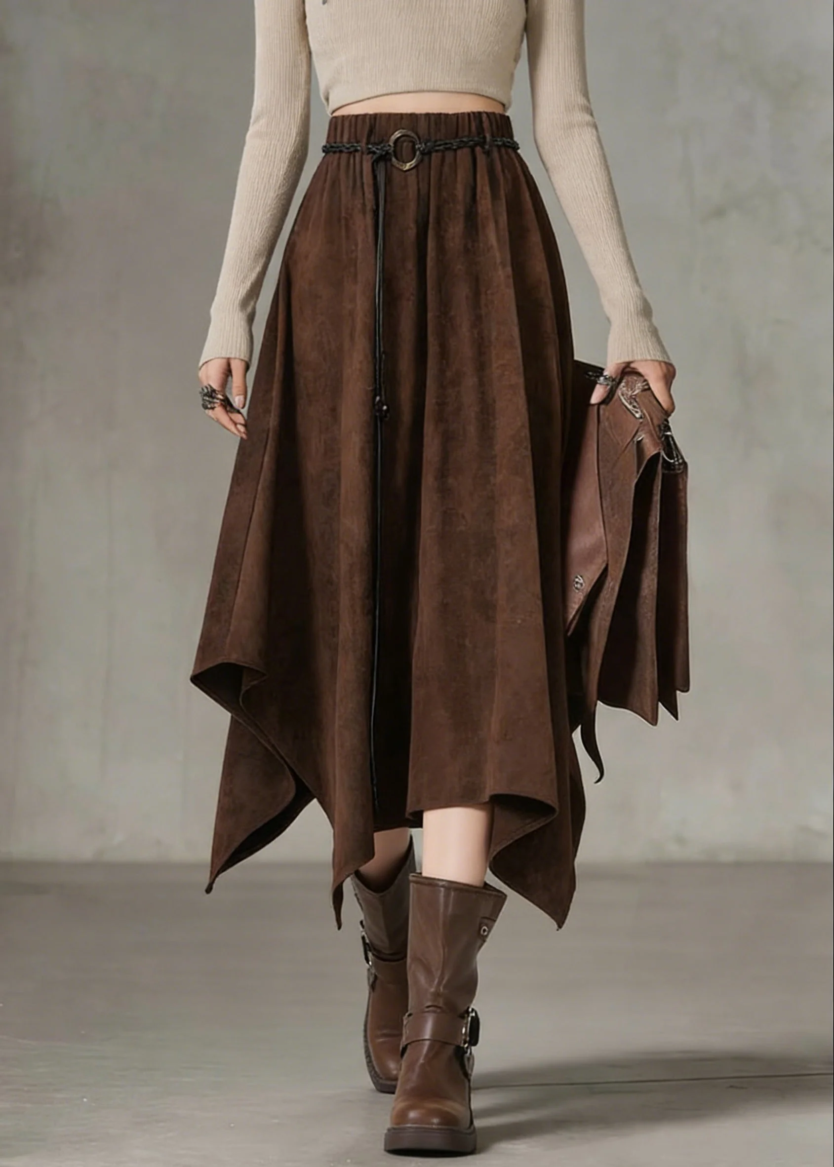 Bohemian Coffee Elastic Waist Sashe Faux Suede A Line Skirts - Image 3