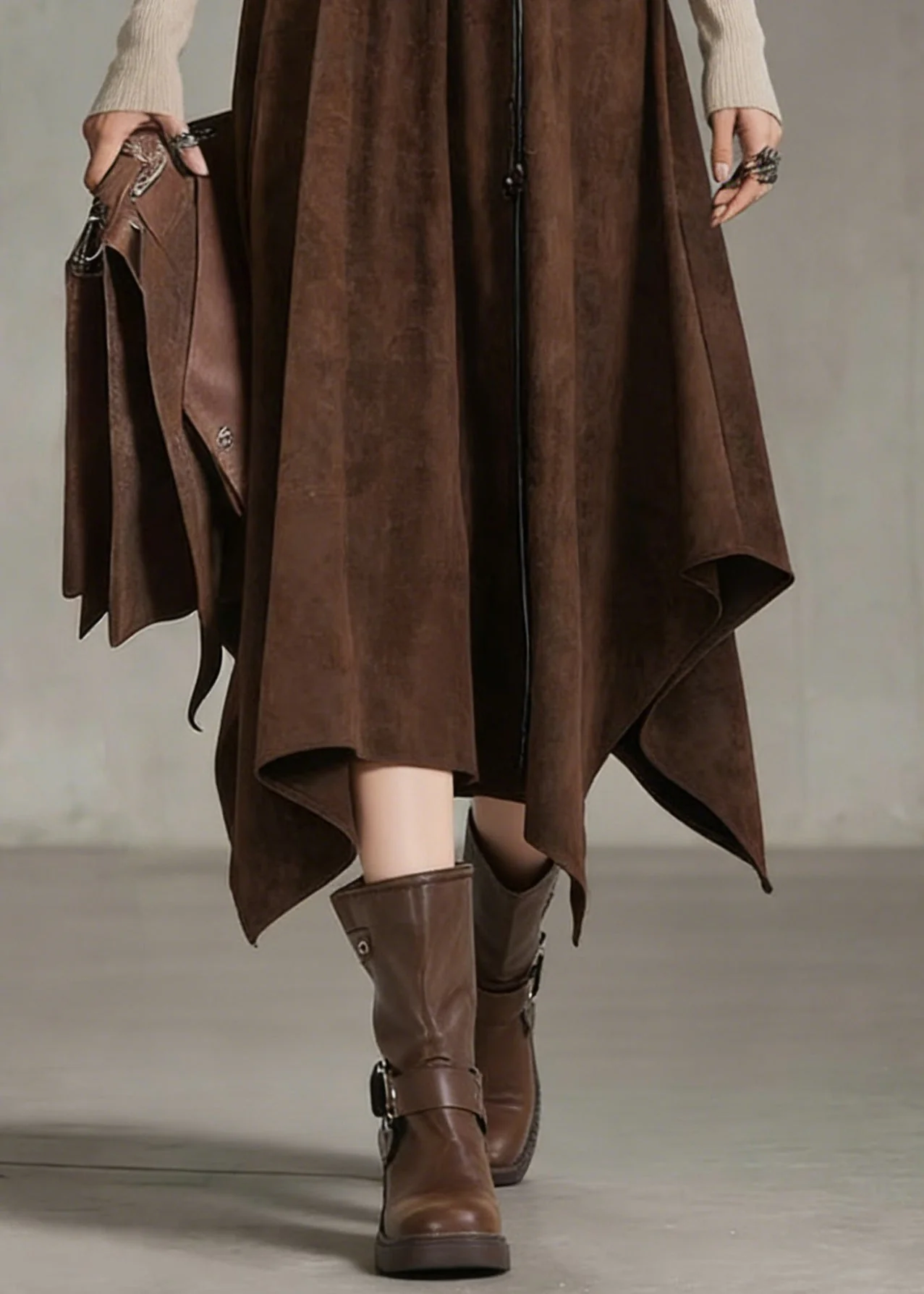 Bohemian Coffee Elastic Waist Sashe Faux Suede A Line Skirts - Image 4