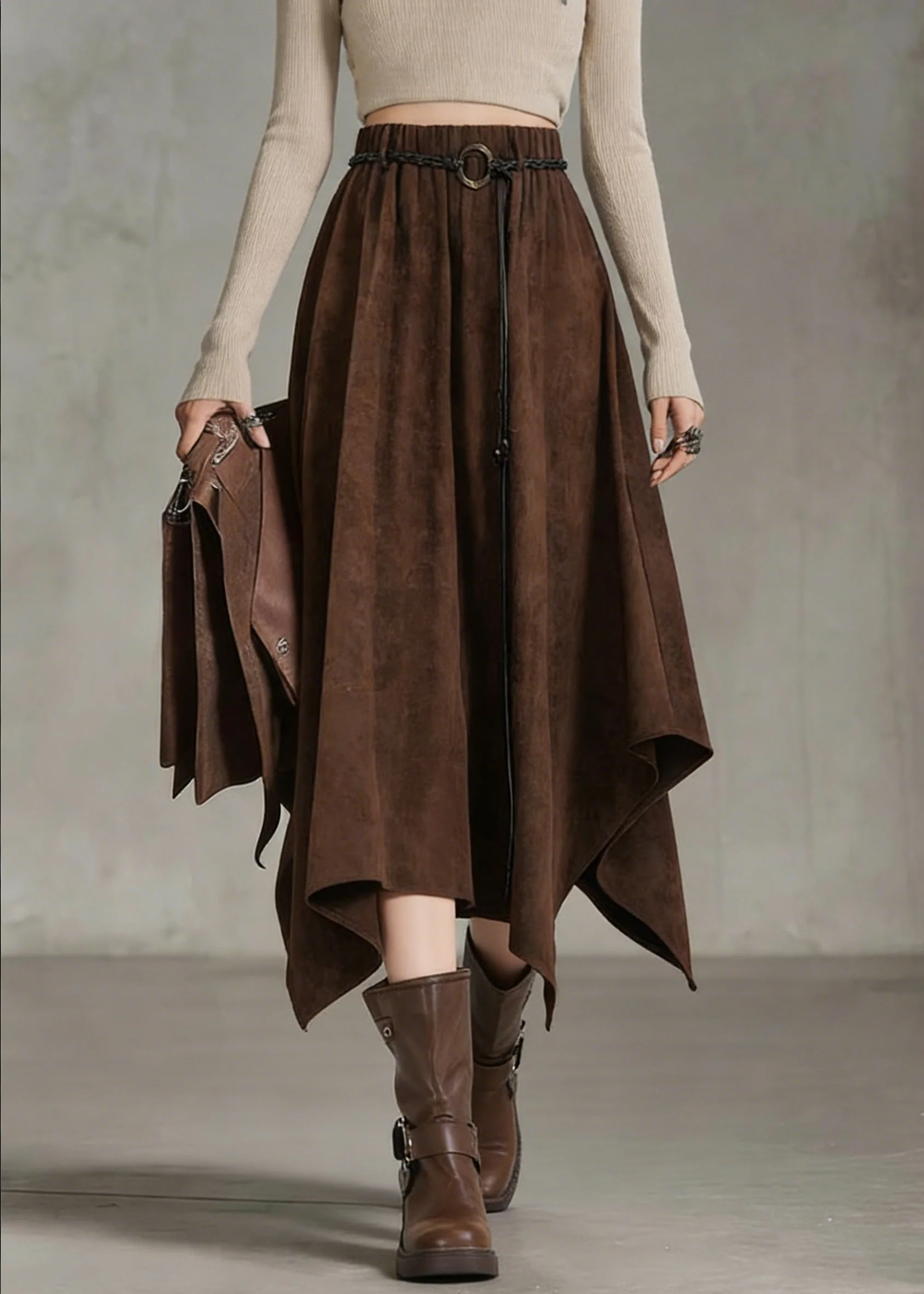 Bohemian Coffee Elastic Waist Sashe Faux Suede A Line Skirts - Image 5