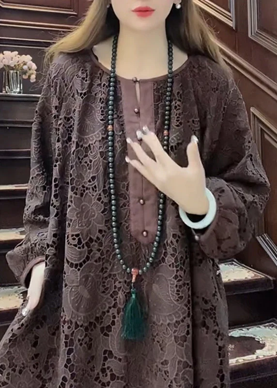 Bohemian Coffee O-Neck Hollow Out Lace Maxi Dress Long Sleeve - Image 2