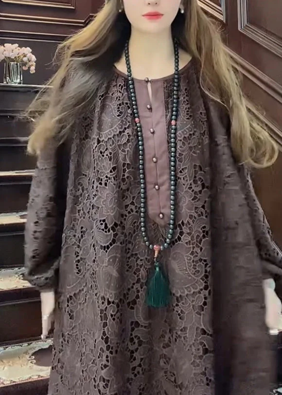 Bohemian Coffee O-Neck Hollow Out Lace Maxi Dress Long Sleeve - Image 4