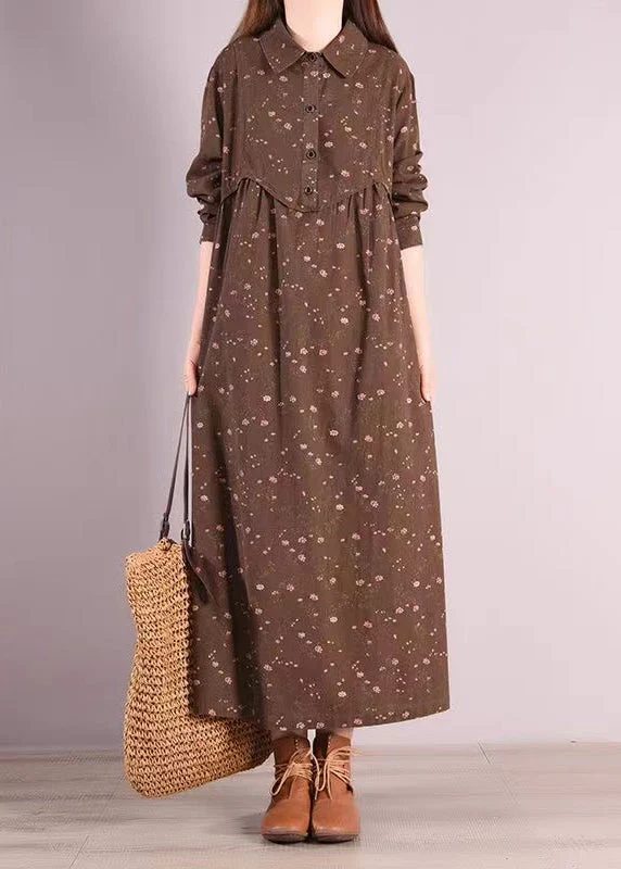 Bohemian Coffee Peter Pan Collar Patchwork Cotton Dress Fall