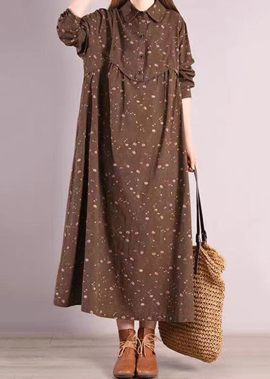 Bohemian Coffee Peter Pan Collar Patchwork Cotton Dress Fall - Image 2