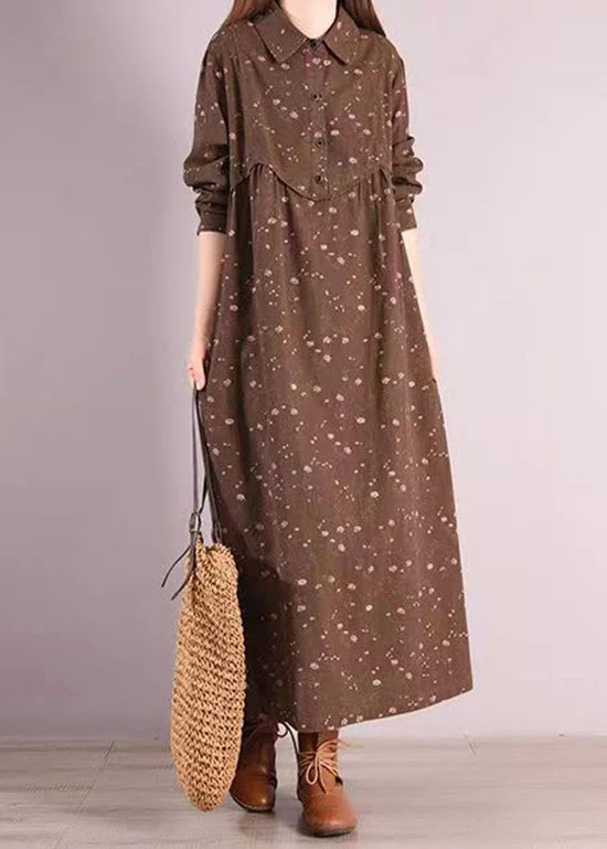 Bohemian Coffee Peter Pan Collar Patchwork Cotton Dress Fall - Image 3