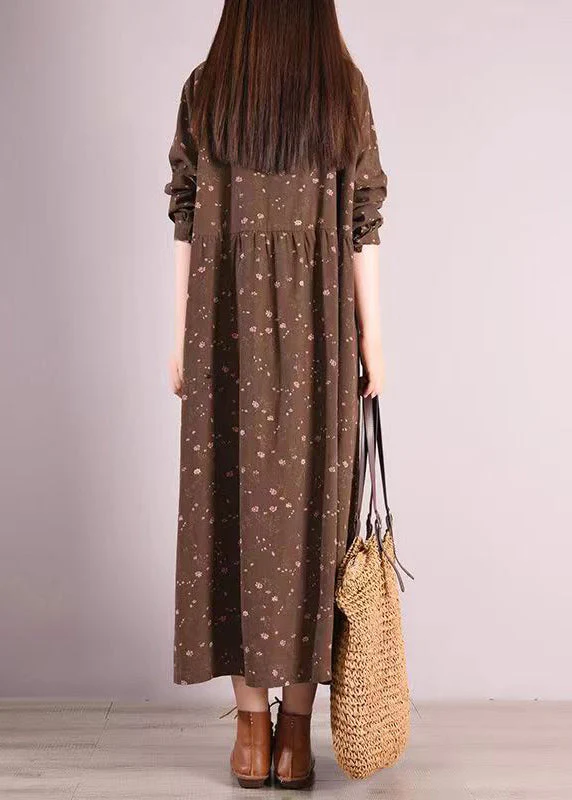 Bohemian Coffee Peter Pan Collar Patchwork Cotton Dress Fall - Image 4
