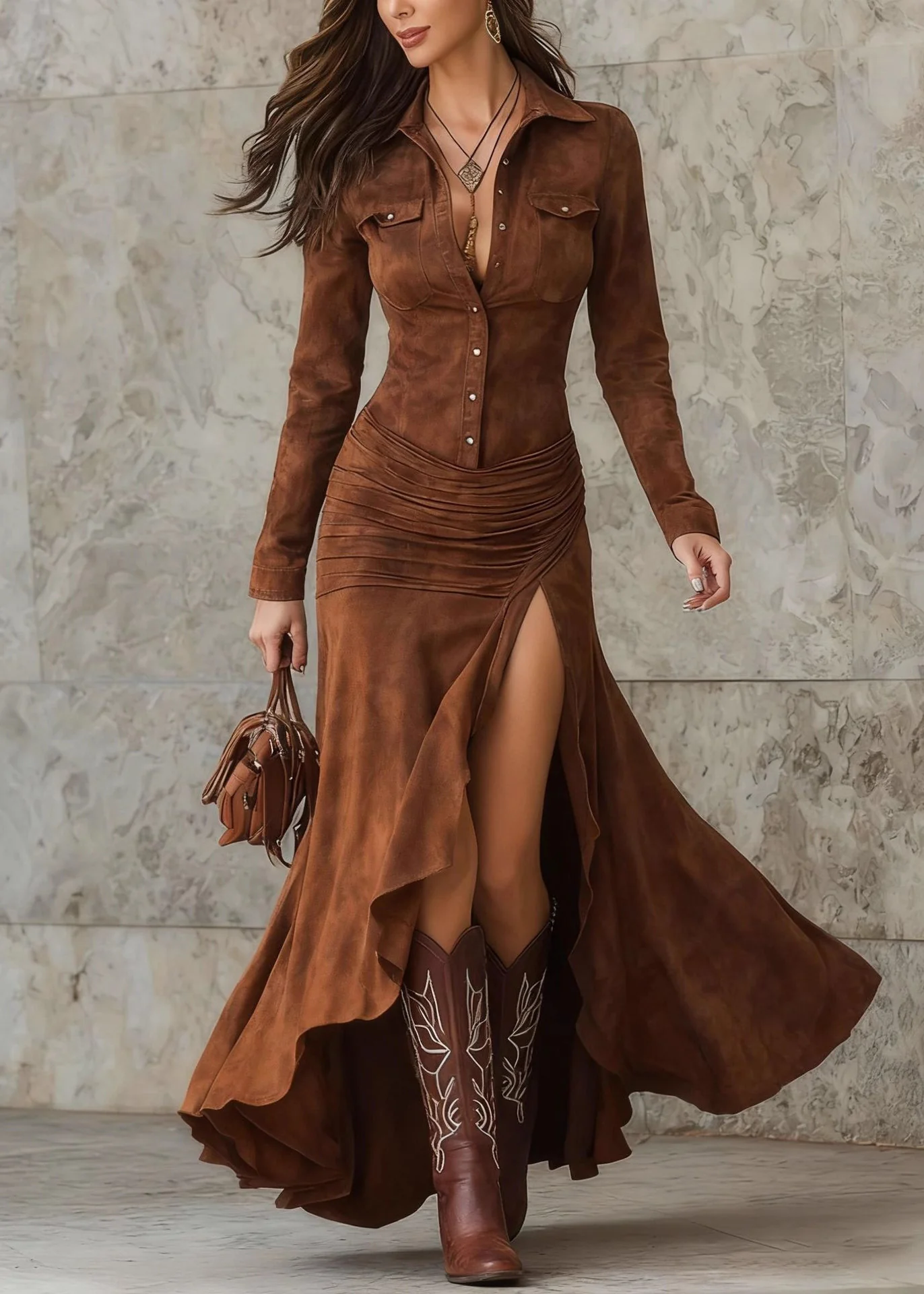 Bohemian Coffee Peter Pan Collar Ruffled Asymmetrical Faux Suede Dresses Spring - Image 5