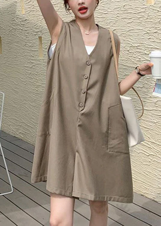 Bohemian Coffee V Neck Patchwork Button Mid Dress Summer - Image 3