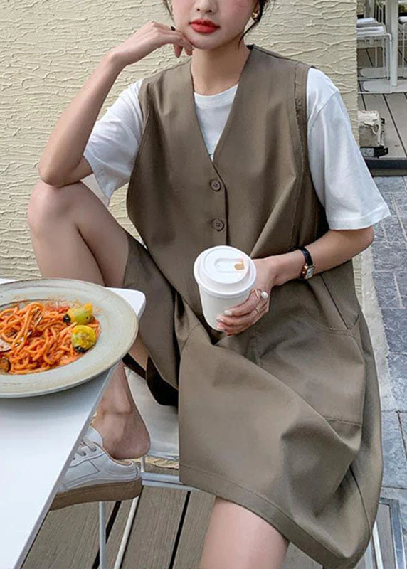 Bohemian Coffee V Neck Patchwork Button Mid Dress Summer - Image 4