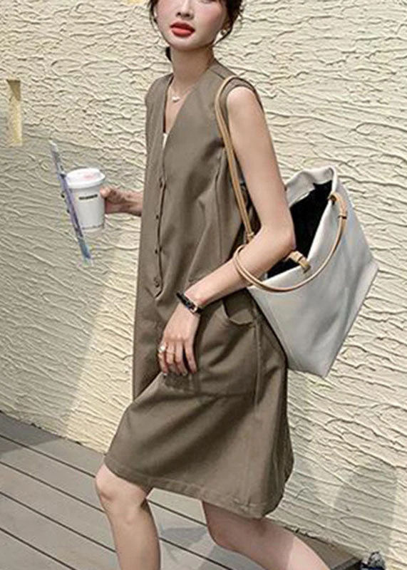 Bohemian Coffee V Neck Patchwork Button Mid Dress Summer - Image 5