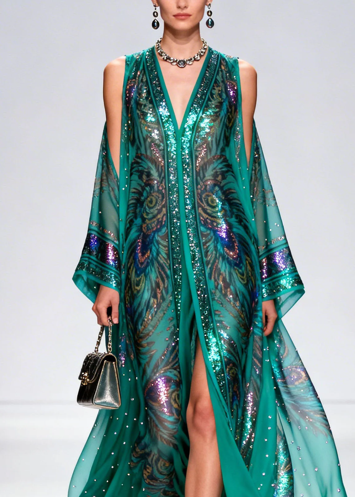 Bohemian Cold Shoulder Print Zircon Chiffon Maxi Dress Summer - Image 2