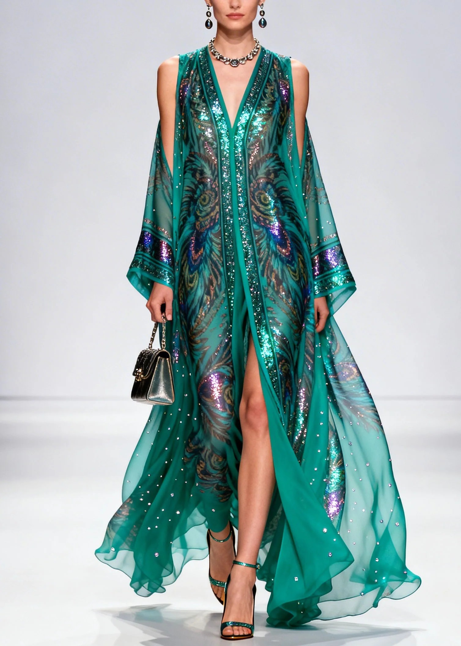 Bohemian Cold Shoulder Print Zircon Chiffon Maxi Dress Summer - Image 5