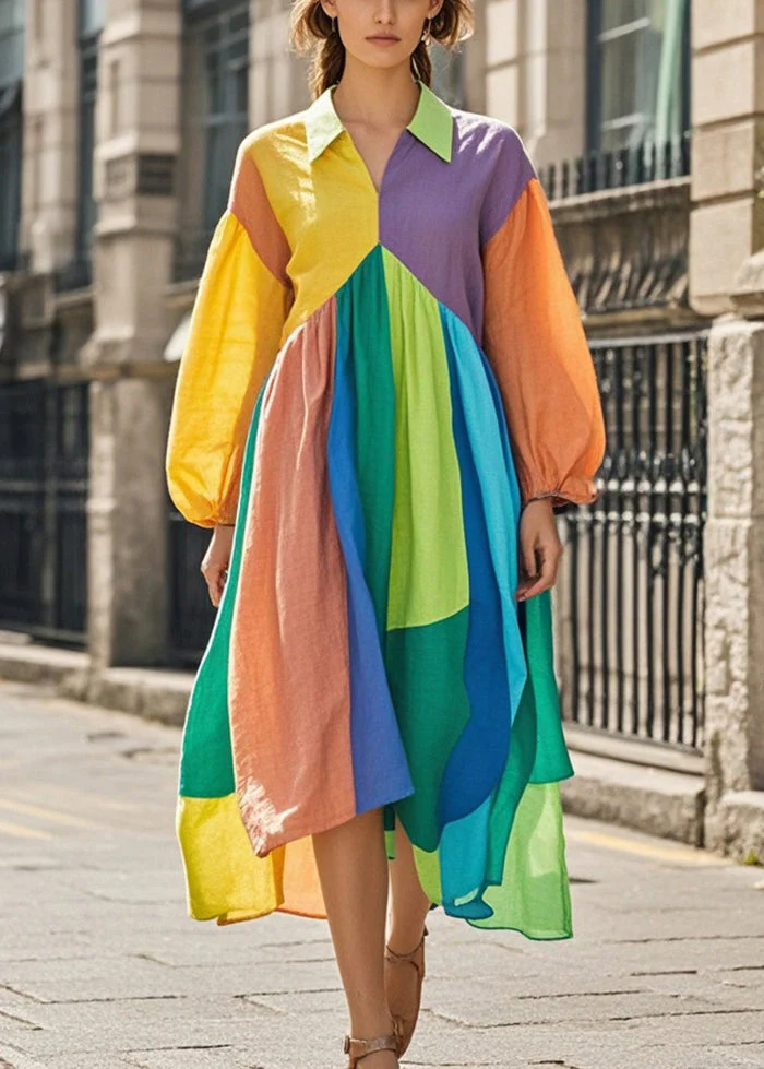 Bohemian Colorblock Asymmetrical Patchwork Cotton Maxi Dresses Spring - Image 3