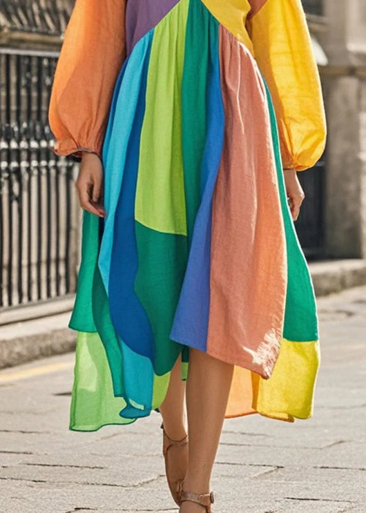 Bohemian Colorblock Asymmetrical Patchwork Cotton Maxi Dresses Spring - Image 4