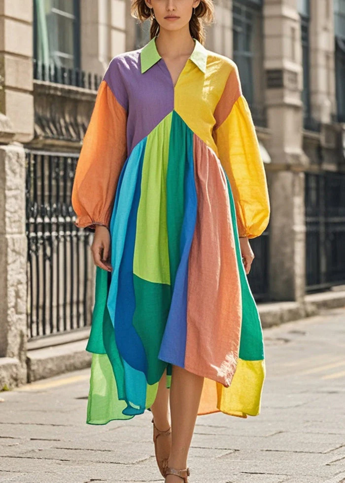Bohemian Colorblock Asymmetrical Patchwork Cotton Maxi Dresses Spring - Image 5