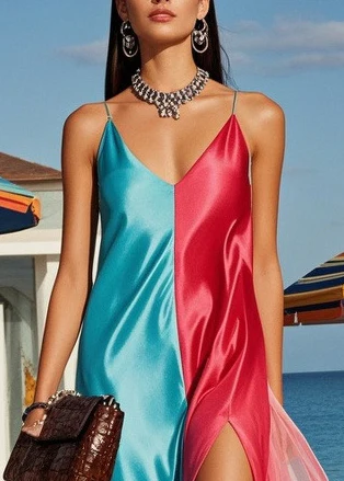 Bohemian Colorblock Asymmetrical Patchwork Side Open Silk Vacation Dresses Summer - Image 2