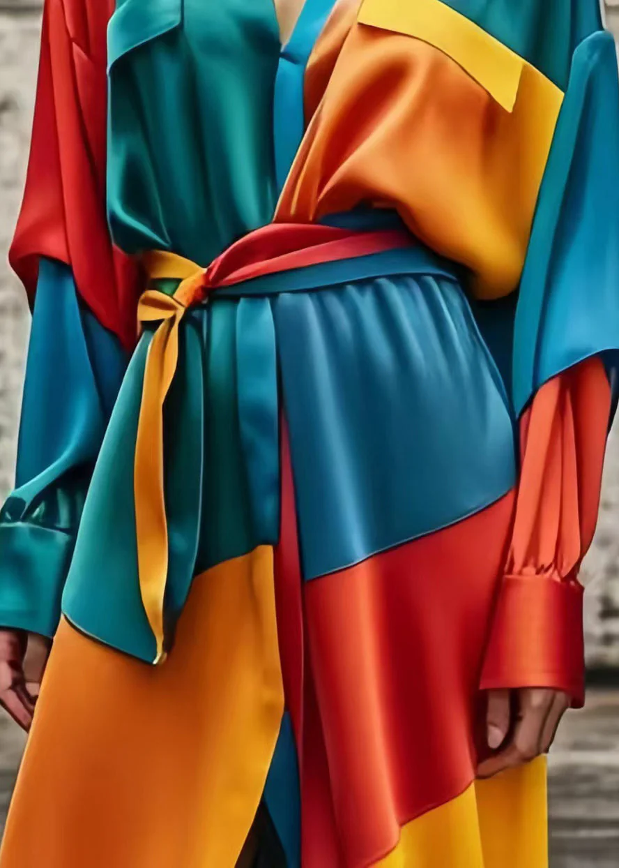 Bohemian Colorblock Asymmetrical Patchwork Tie Waist Silk Dress Spring - Image 5
