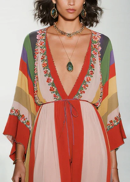 Bohemian Colorblock Deep-V Neck Striped Chiffon Dress Summer - Image 2