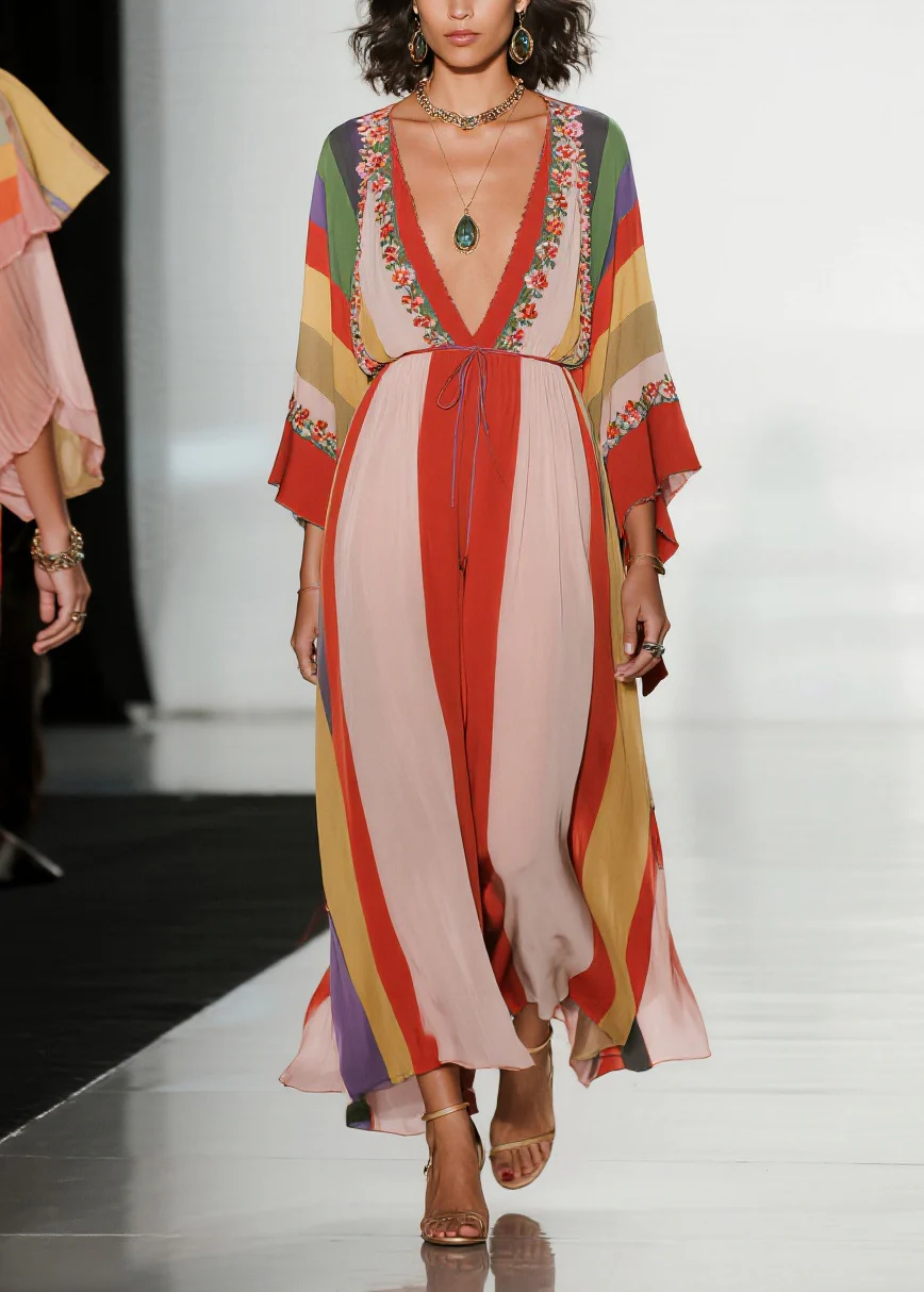 Bohemian Colorblock Deep-V Neck Striped Chiffon Dress Summer - Image 3