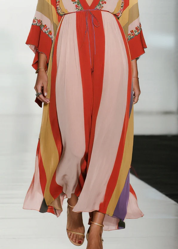 Bohemian Colorblock Deep-V Neck Striped Chiffon Dress Summer - Image 4