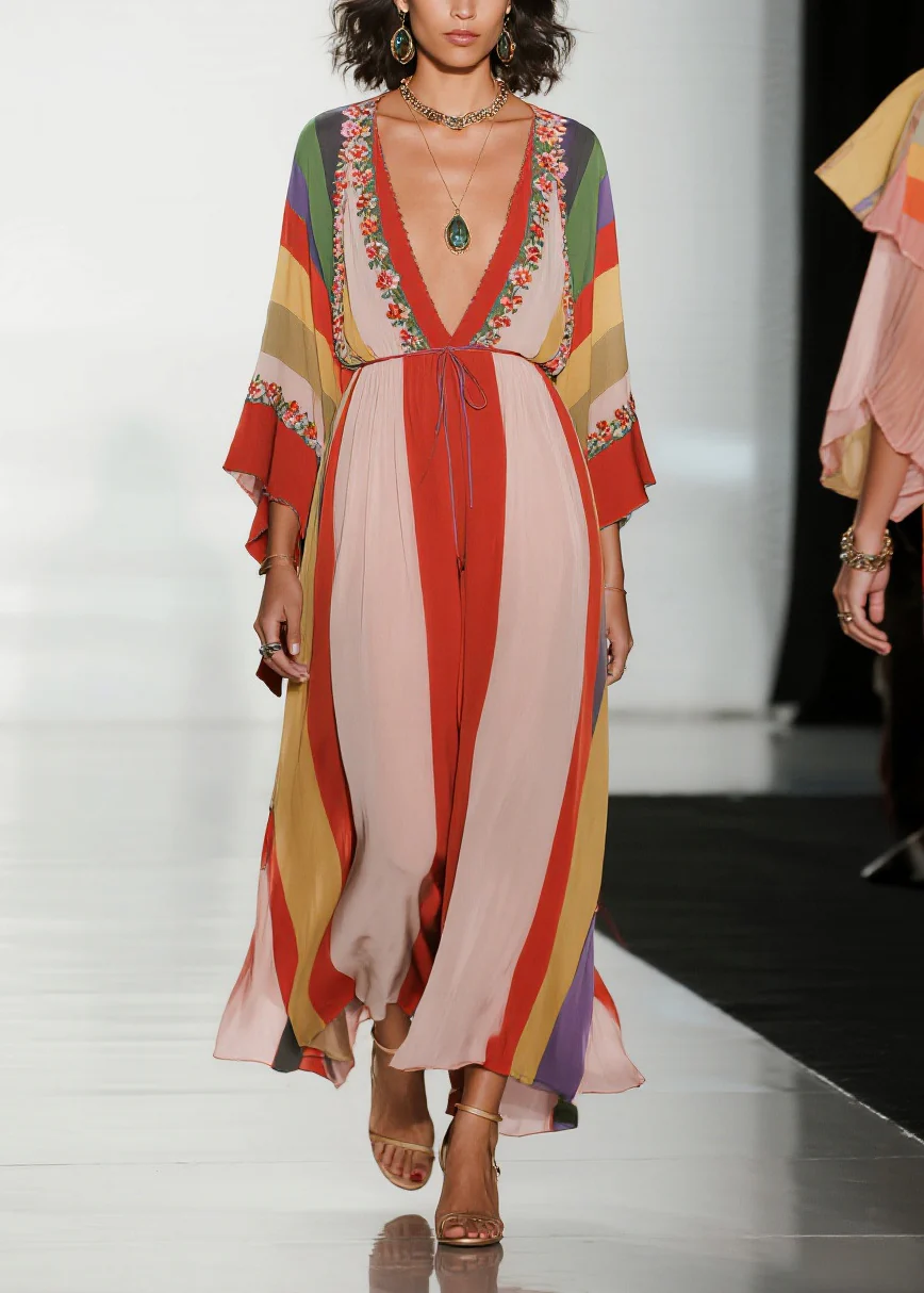 Bohemian Colorblock Deep-V Neck Striped Chiffon Dress Summer - Image 5