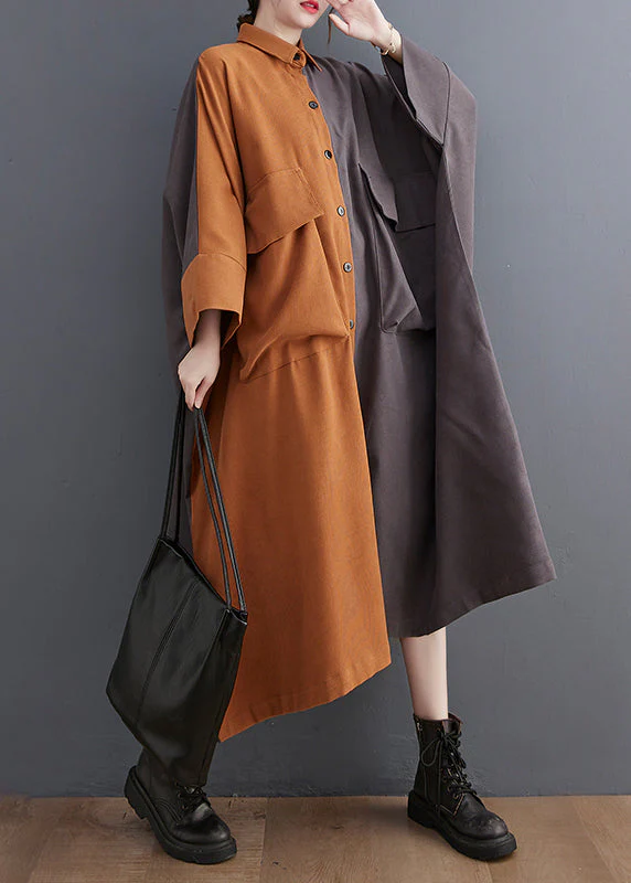 Bohemian Colorblock Oversized Patchwork Pockets Cotton Long Dress Batwing Sleeve - Image 3