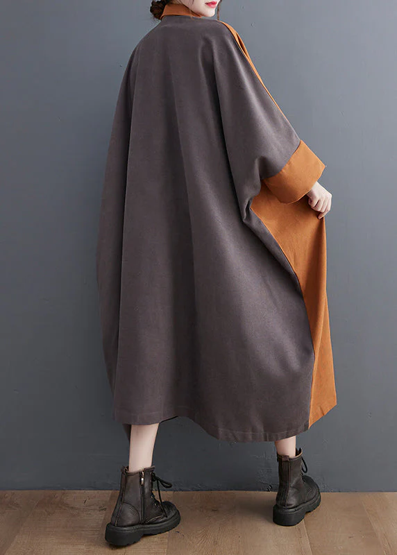 Bohemian Colorblock Oversized Patchwork Pockets Cotton Long Dress Batwing Sleeve - Image 4