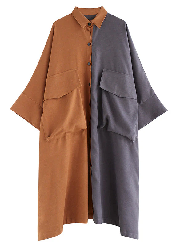 Bohemian Colorblock Oversized Patchwork Pockets Cotton Long Dress Batwing Sleeve - Image 5
