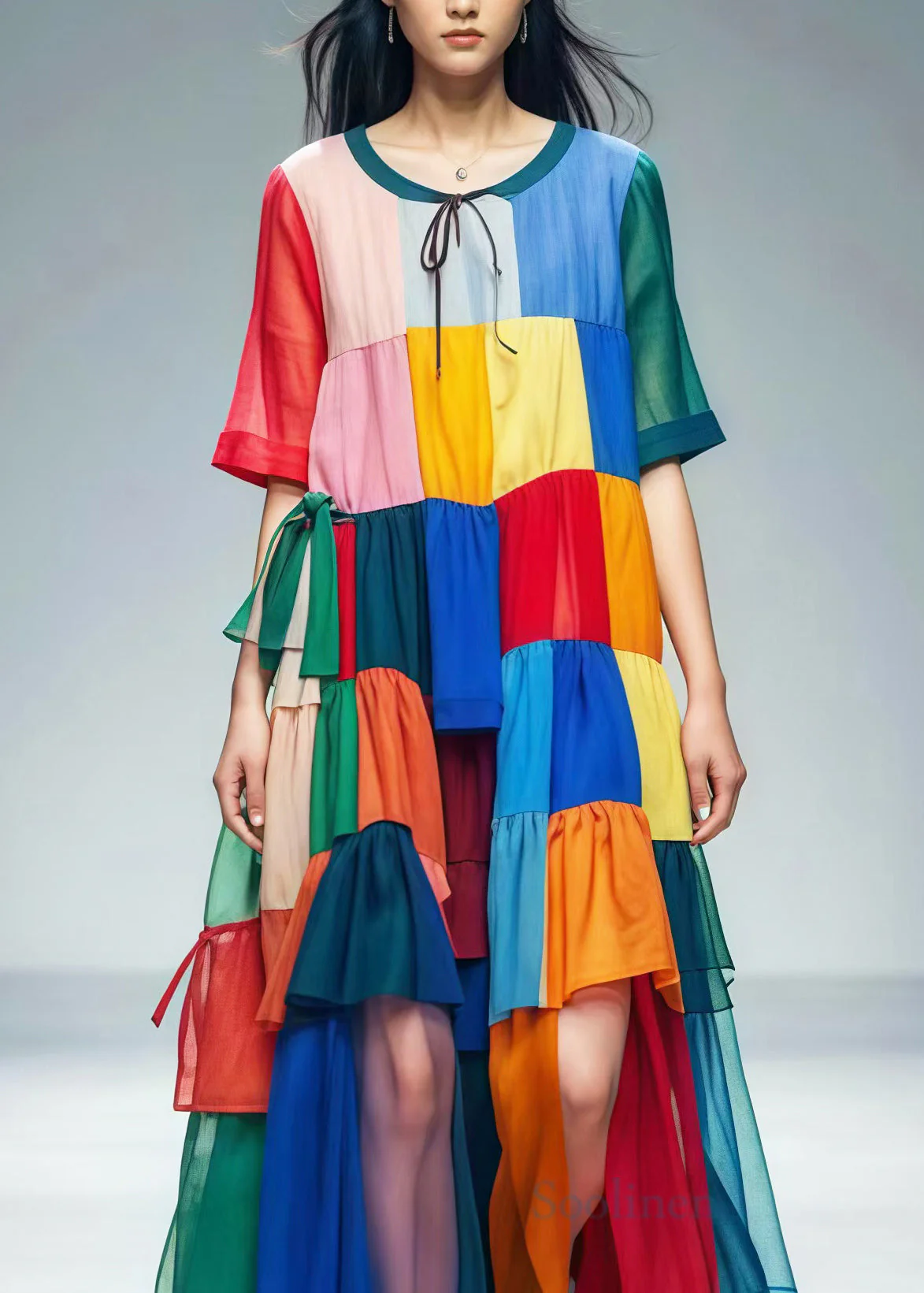 Bohemian Colorblock Oversized Patchwork Tulle Beach Dress Summer - Image 2