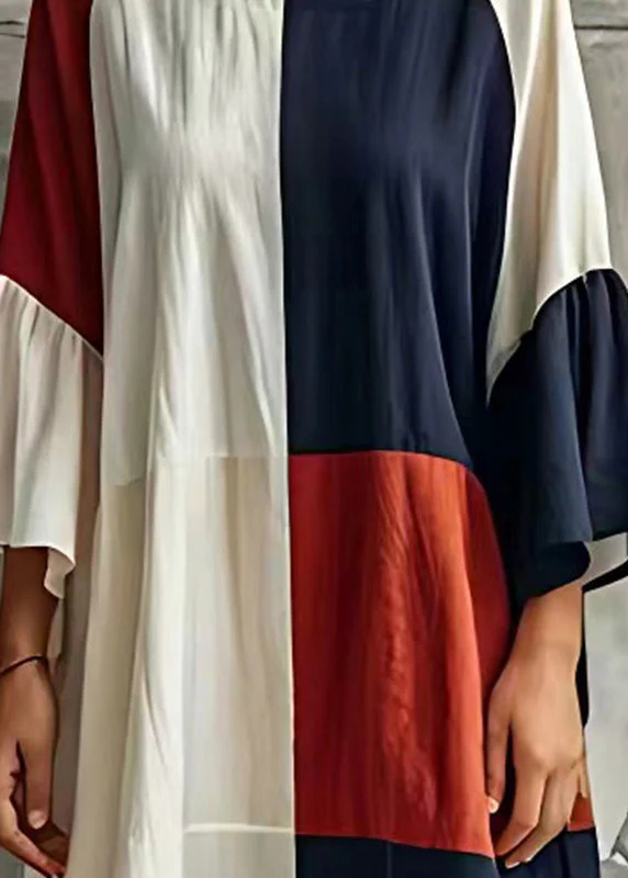 Bohemian Colorblock Patchwork Cotton Beach Dress Flare Sleeve - Image 4