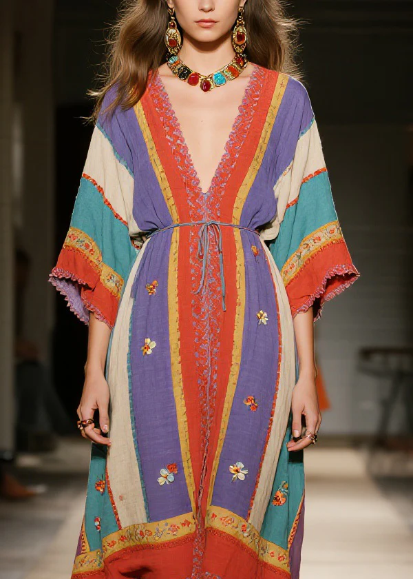 Bohemian Colorblock V Neck Floral Patchwork Cotton Dress Summer - Image 2