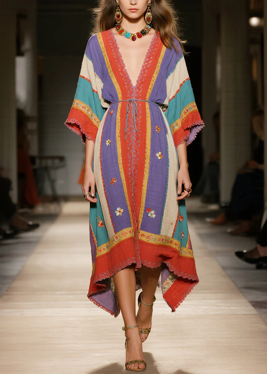 Bohemian Colorblock V Neck Floral Patchwork Cotton Dress Summer - Image 3