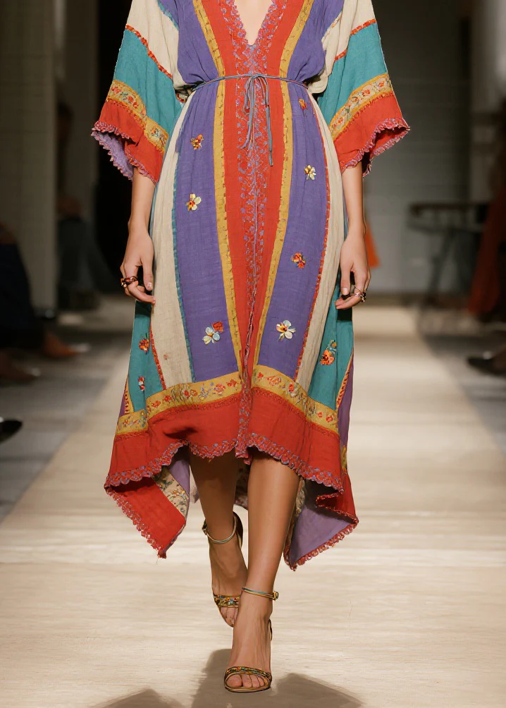 Bohemian Colorblock V Neck Floral Patchwork Cotton Dress Summer - Image 4