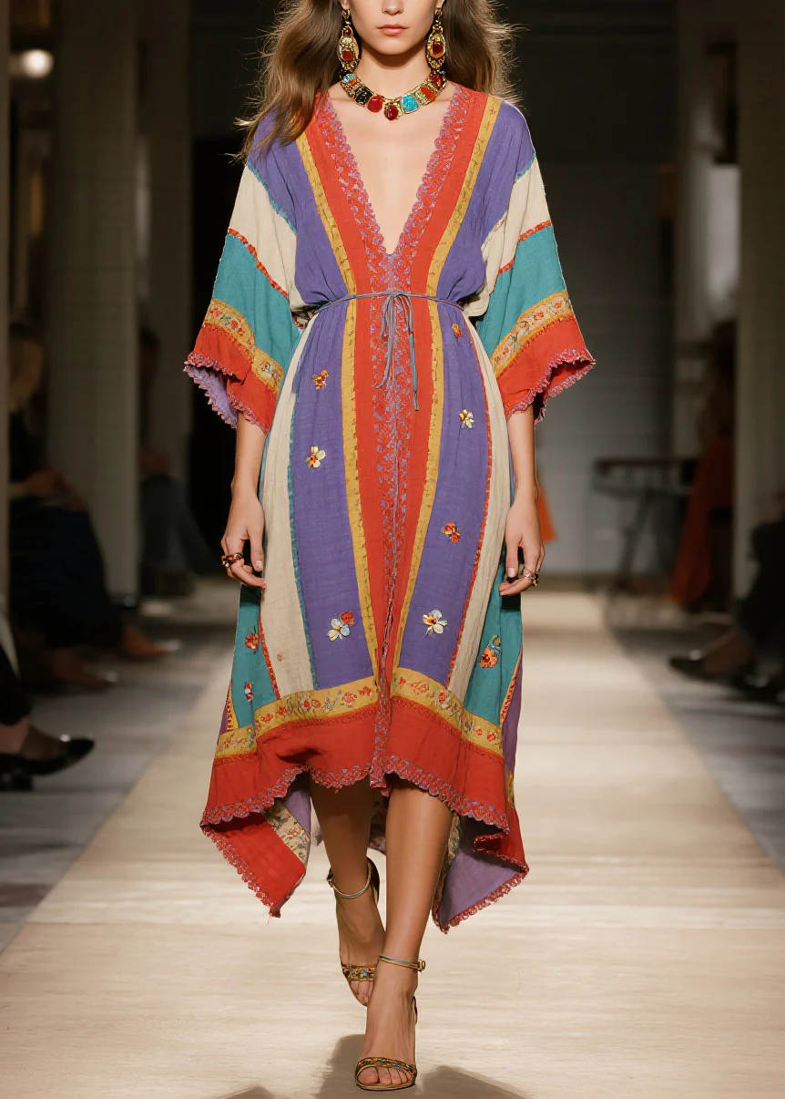 Bohemian Colorblock V Neck Floral Patchwork Cotton Dress Summer - Image 5