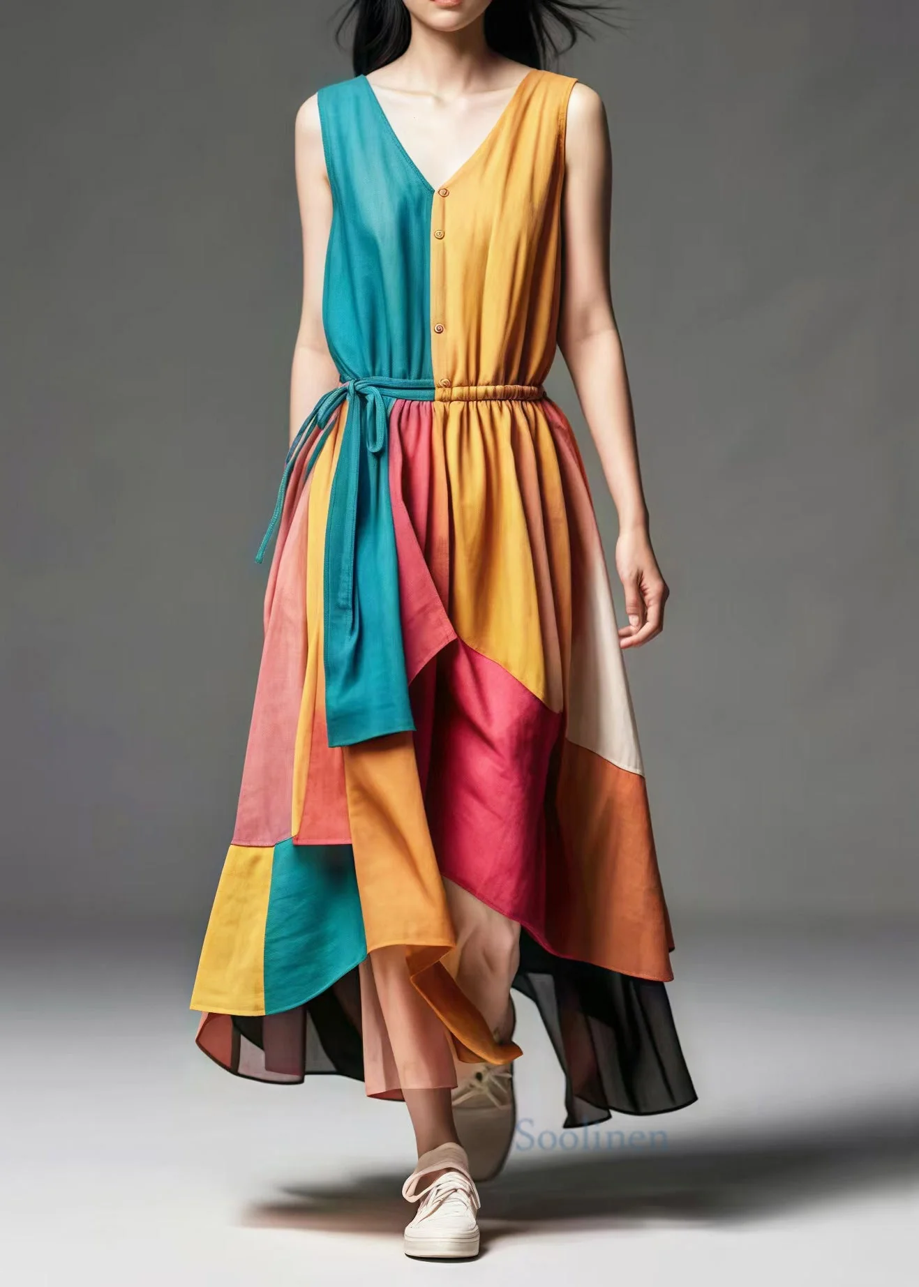Bohemian Colorblock V Neck Patchwork Cotton Cinched Dresses Summer - Image 2
