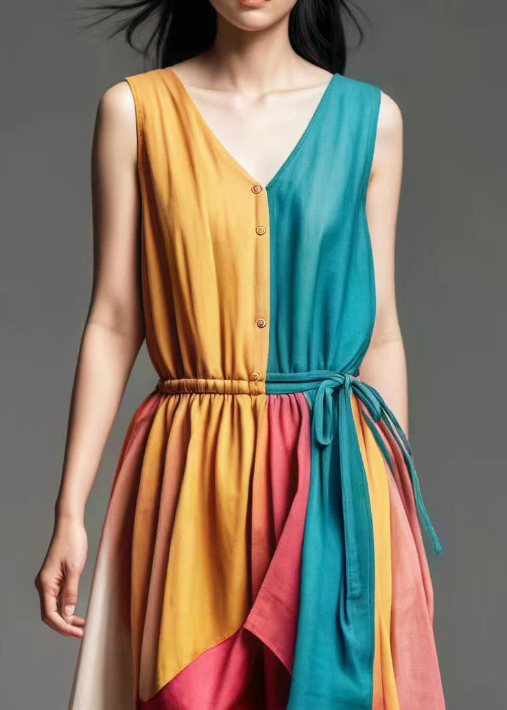 Bohemian Colorblock V Neck Patchwork Cotton Cinched Dresses Summer - Image 3