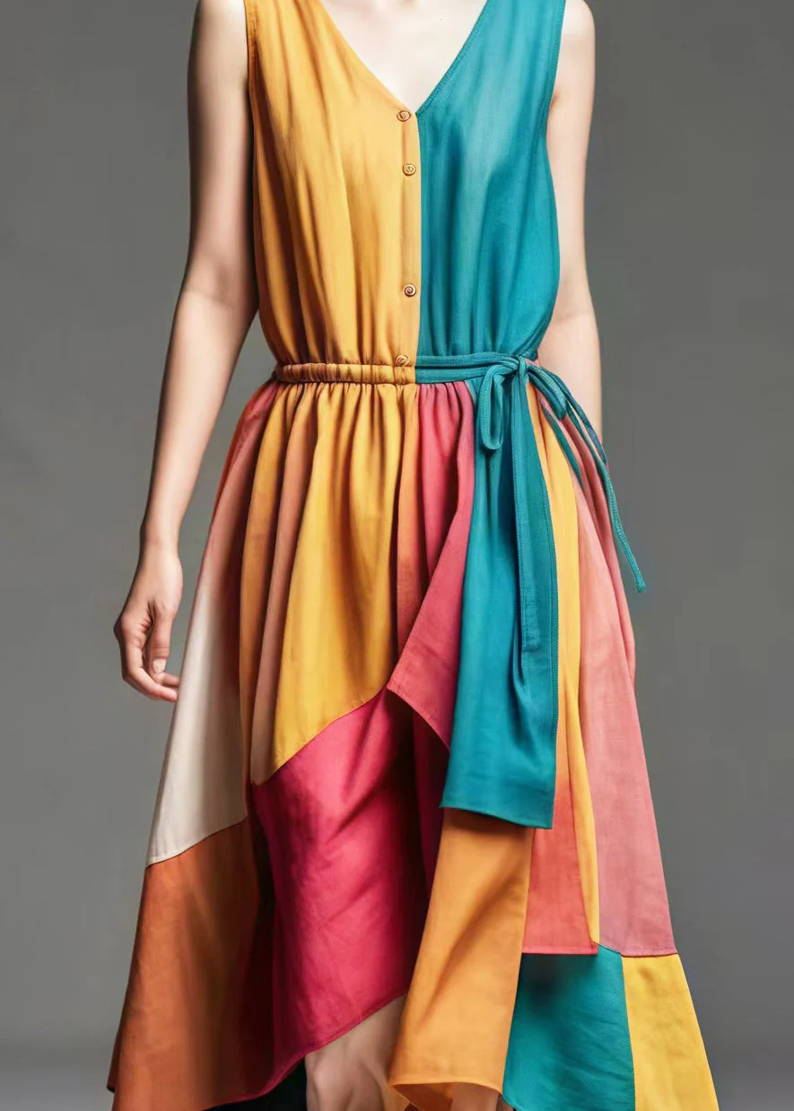 Bohemian Colorblock V Neck Patchwork Cotton Cinched Dresses Summer - Image 4