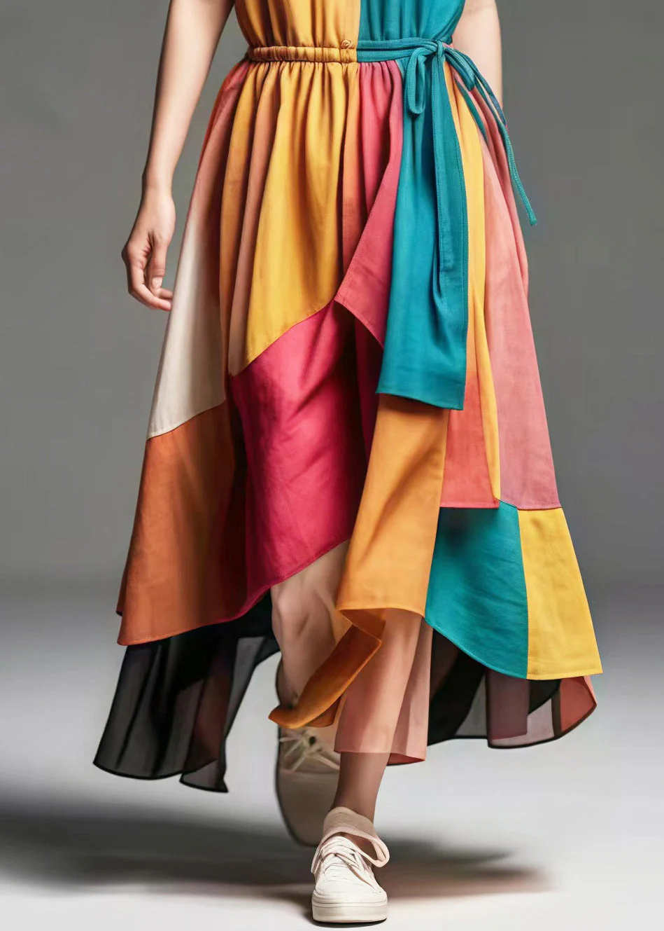 Bohemian Colorblock V Neck Patchwork Cotton Cinched Dresses Summer - Image 5
