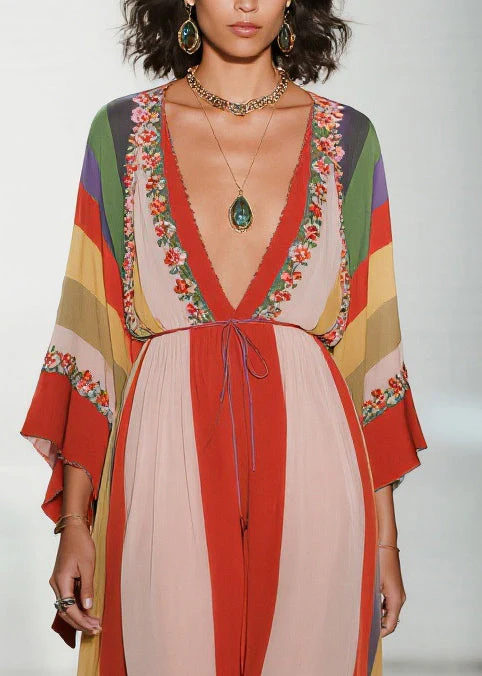 Bohemian Colorblock V Neck Print Chiffon Holiday Dress Summer - Image 2