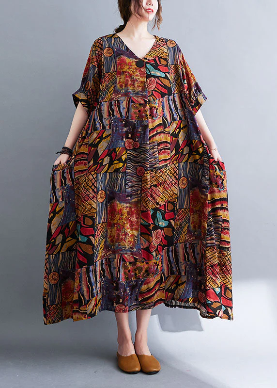 Bohemian Colorblock V Neck Print Cotton Maxi Dresses Short Sleeve - Image 2