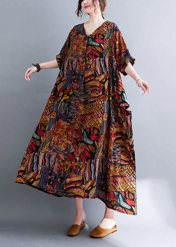 Bohemian Colorblock V Neck Print Cotton Maxi Dresses Short Sleeve - Image 3